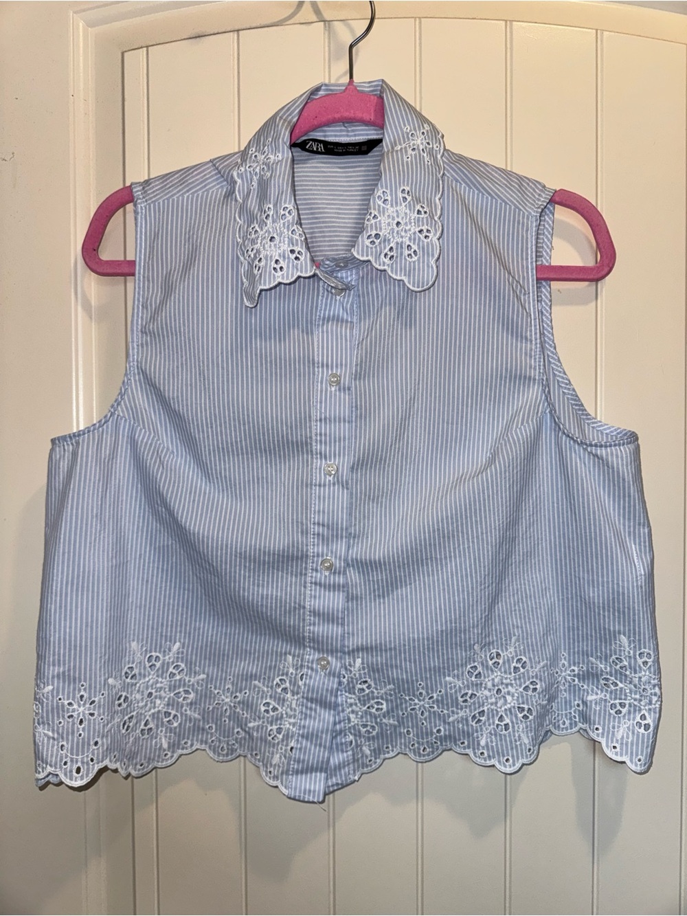 Zara Light Blue and White Striped cropped Shirt with eyelet details
